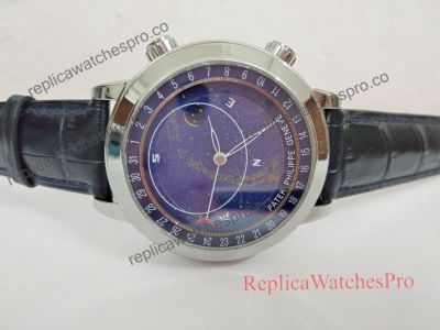  AAA Patek Philippe Celestial Replica 6102P Sky Moon Blue Face Black Leather Strap Mens Watch